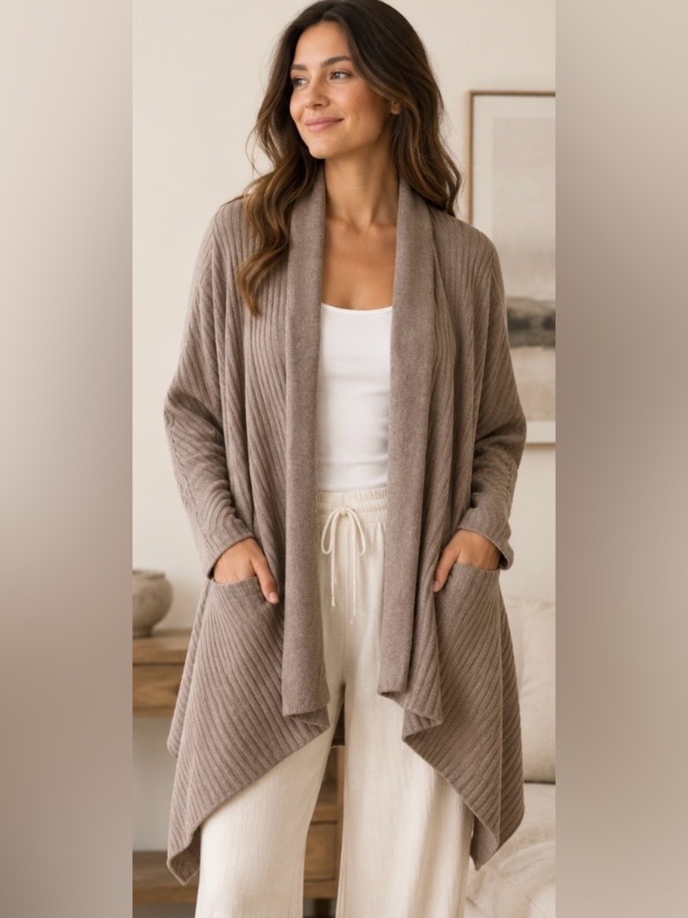 Barefoot Dreams CozyChic Ultra Lite Ribbed Draped Shawl Collar Cardi Medium
